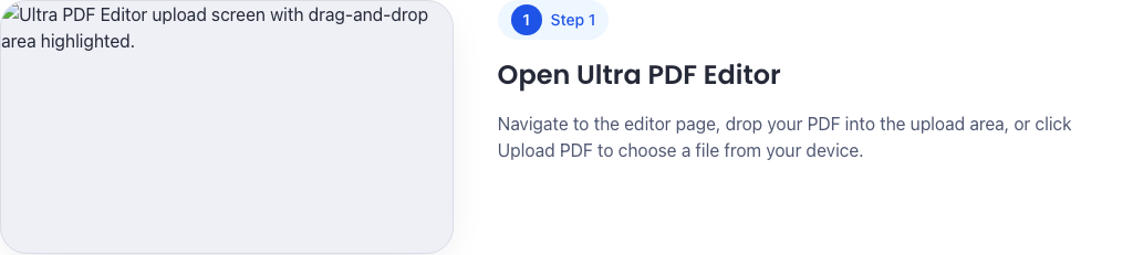 Ultra PDF Editor upload screen with drag-and-drop area highlighted.