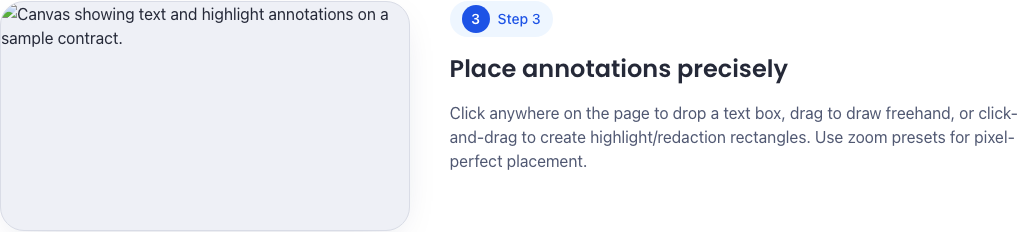 Canvas showing text and highlight annotations on a sample contract.