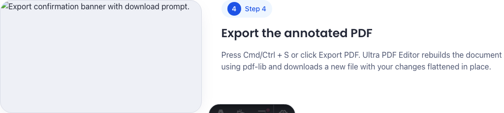 Export confirmation banner with download prompt.